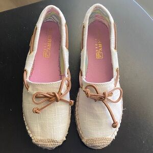 Sperry Women’s White Canvas Boat Moccasins with Tan Laces